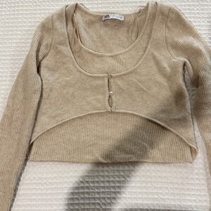 Zara Tan Knit Cropped Cardigan